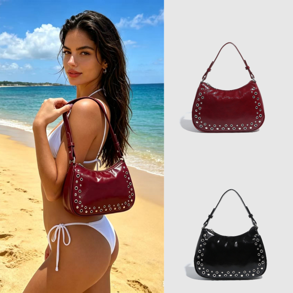 Anyan Bolsa Feminina Média 2026 Rebite Oco Bolsa Baguette Bolsa Punk Axilas Bolsa Mão Zíper Bolsa Feminina Moda All-Matc