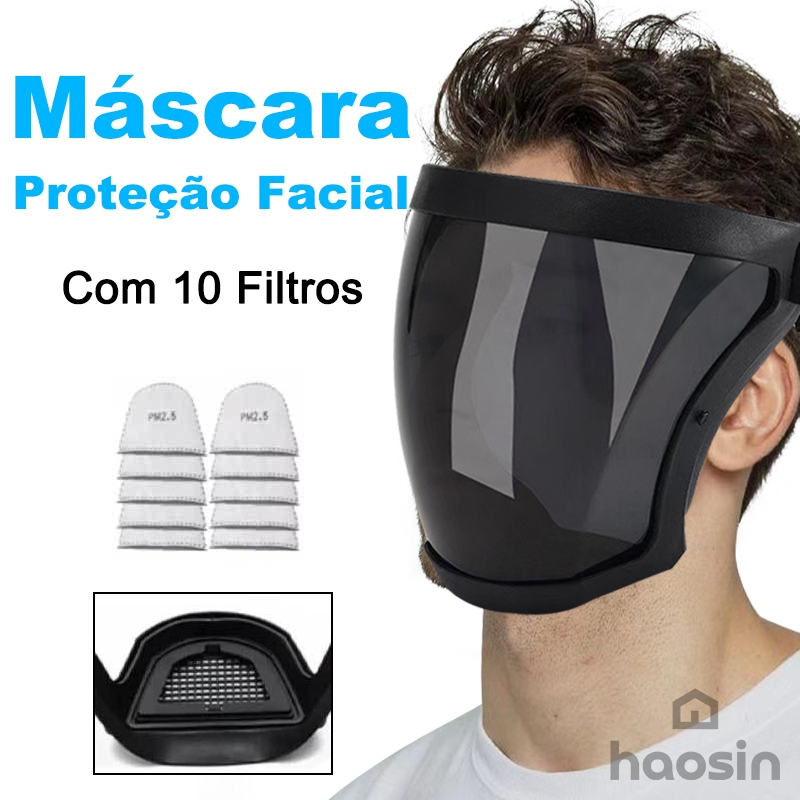 Máscara de Proteção Facial Completa Transparente à Prova de Poeira com Óculos + 10 Esponjas de Filtro