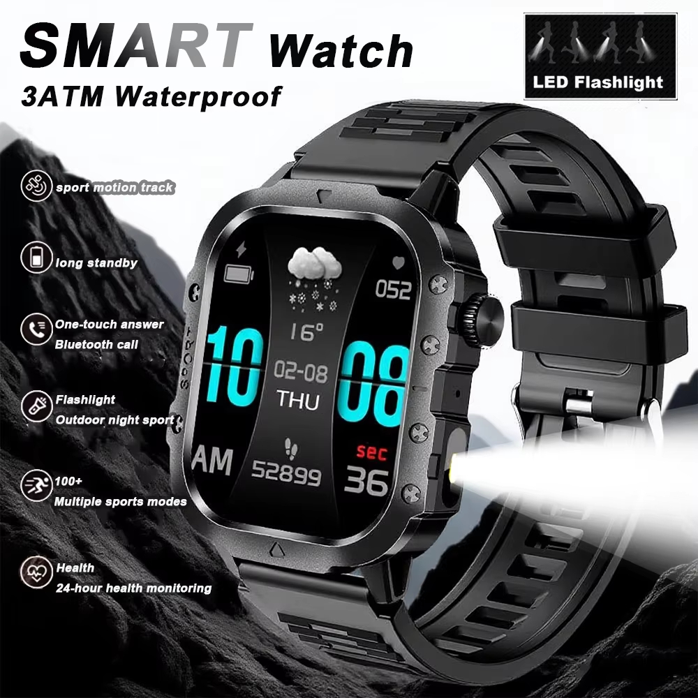 LED Outdoor Flashlight Smartwatch Mulheres Homens 2026 Nova BT Call Heart Rate Sleep Monitoring SOS Sports Fitness