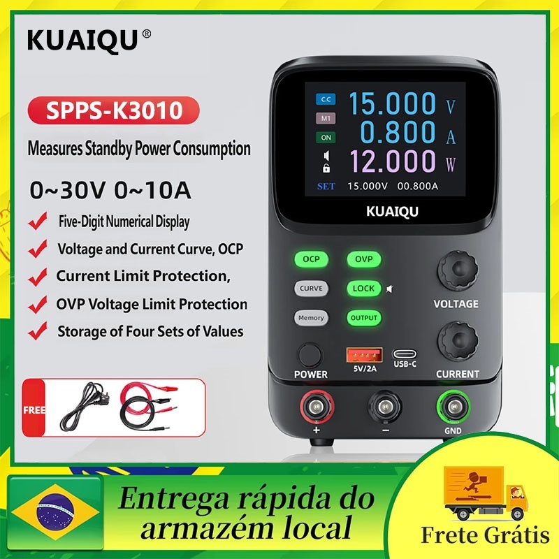 Fonte De Alimentação KUAIQU DC Variável 30V 10A 300W Display TFT De 5 Dígitos 0.01mA 0.1mV De Bancada De Curva Dupla OCP