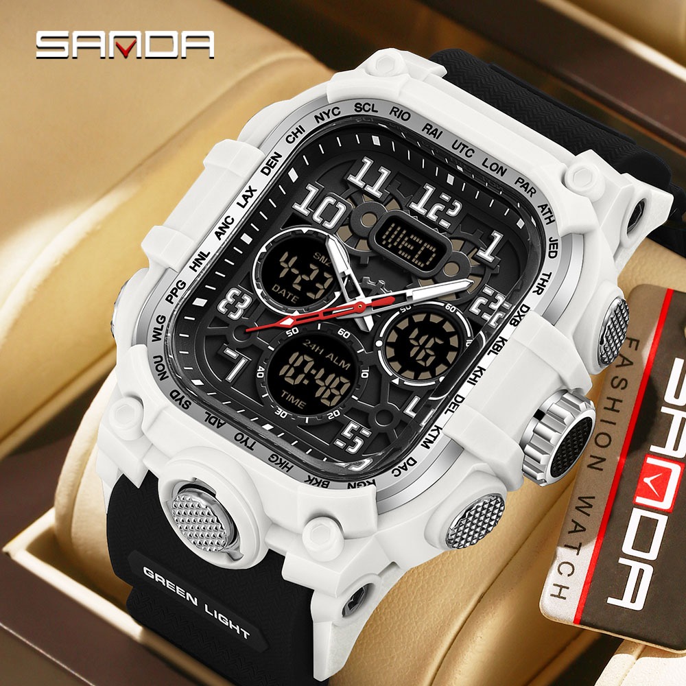SANDA 6357 Relógio De Pulso Masculino Para Esportes Ao Ar Livre , Mostrador Grande , Display Duplo , Luminoso , À Prova