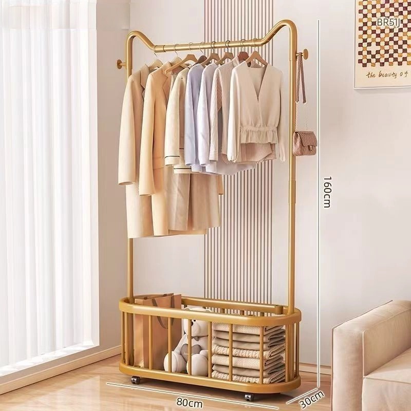 Cabideiro de Chão Dourado com Orelhas de Gato 60/80cm para Quarto com Cesto Organizador e Rodas