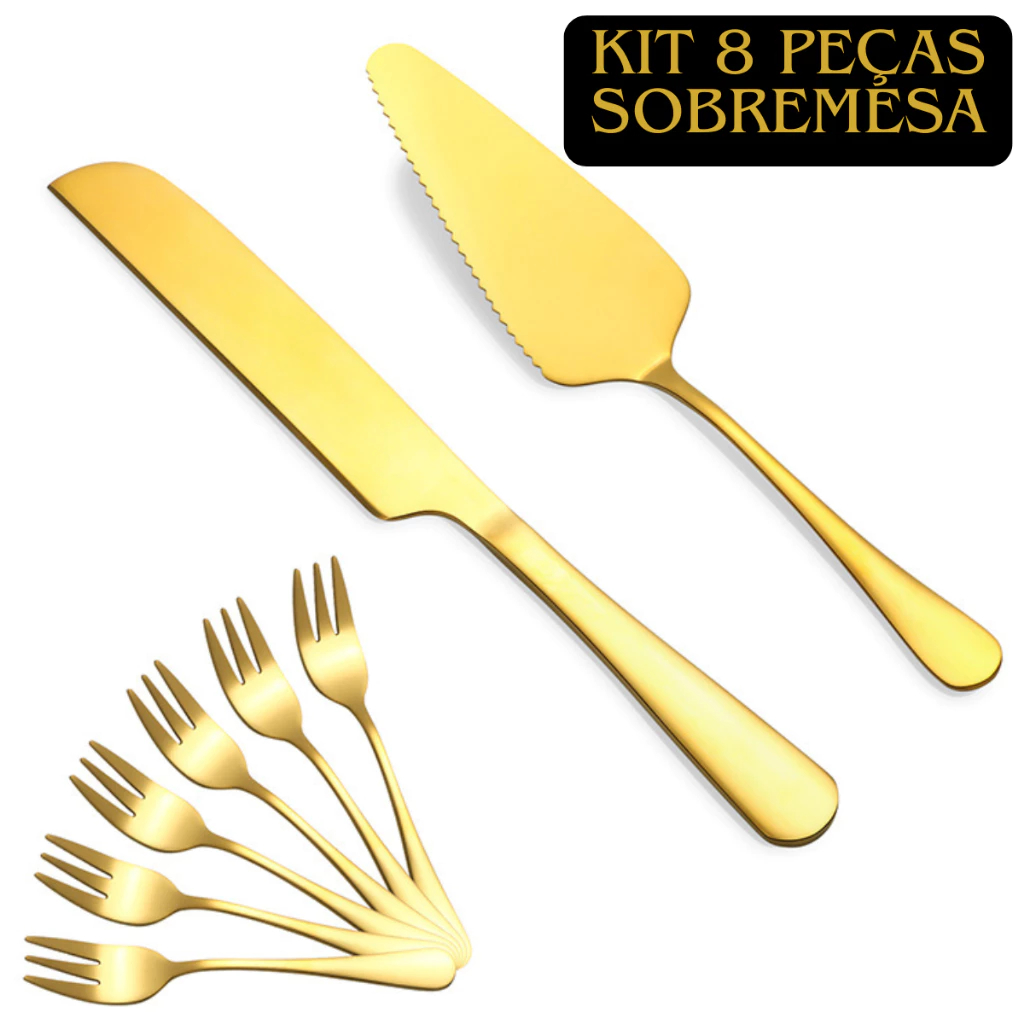Kit 8 Talheres Aço Inoxidável Conjunto de Sobremesa 8 Peças Douradas Espátula Garfos Faca