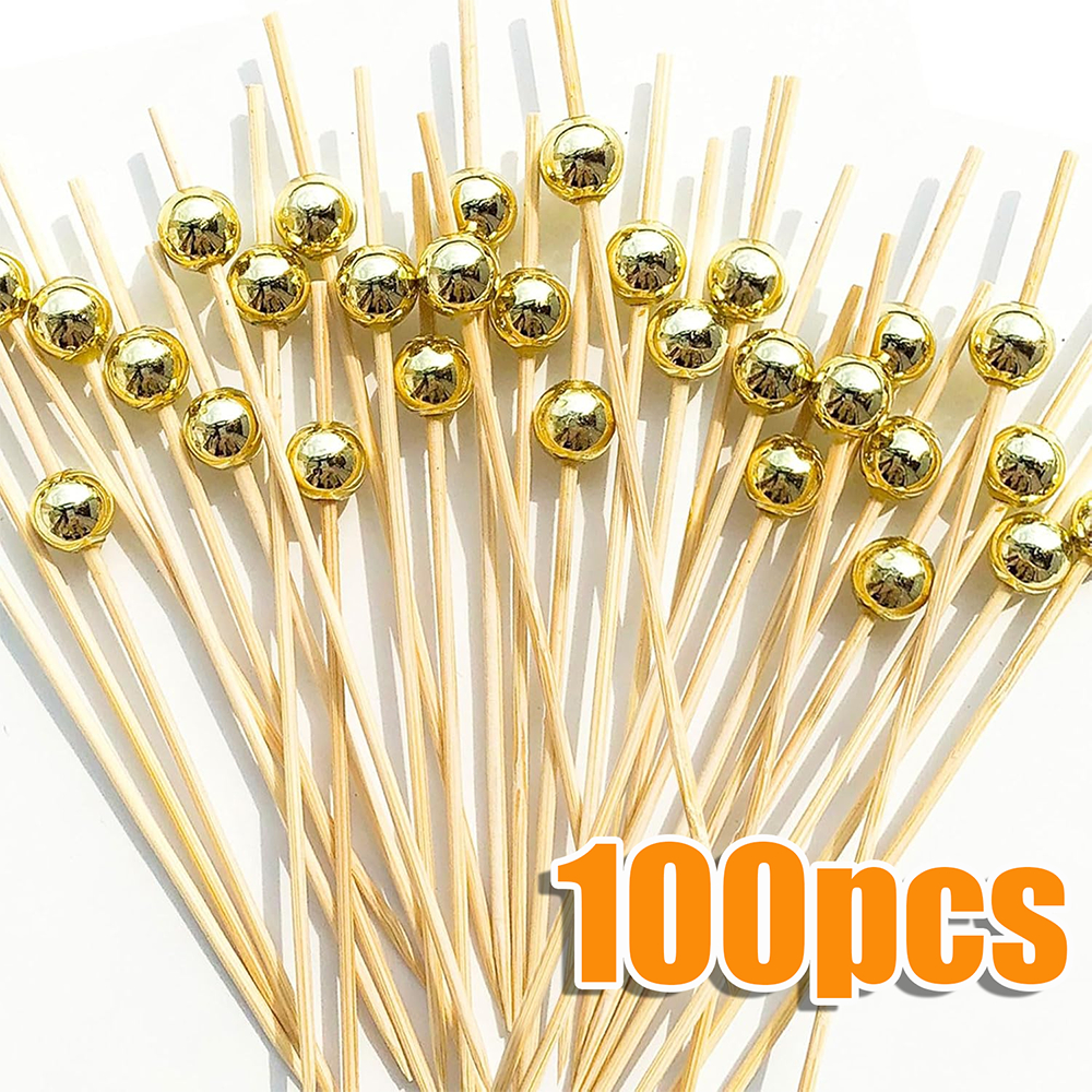 Kit 100 Palitos de Bambu Para Petisco Decorado Bolinha dourada 12cm