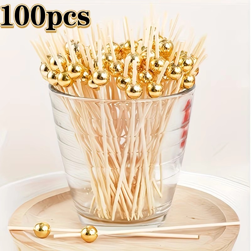 Kit 100 Palitos de Bambu Para Petisco Decorado Bolinha dourada 12cm