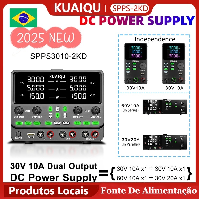 Fonte de Bancada KUAIQU SPPS3010-2KD 30V 10A 300W (Série 60V 10A) e Paralelo (30V 20A) Ajustável