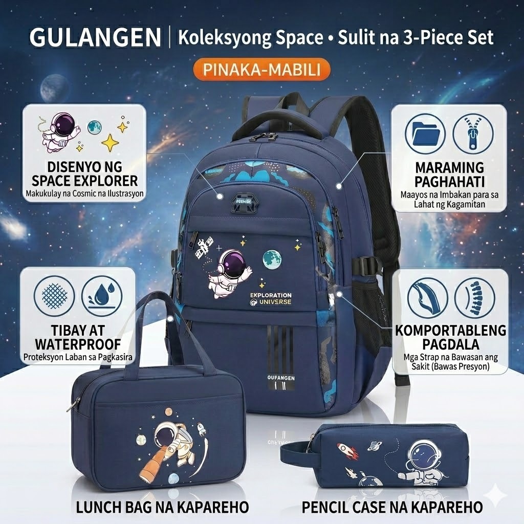 Kit Mochila Escolar Infantil Menino Astronauta 3 Peças com Lancheira Térmica e Estojo, Impermeável, Ergonômica Grande Ca