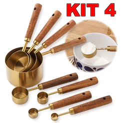 Kit com 4 Peças de Medidores em Aço Inox Dourado com Cabo de Nogueira, Ideal para Amantes da Culinária