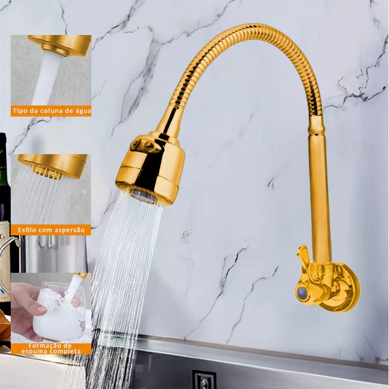 Inox dourado maciça Torneira  1/4 de volta com chuveiro com rotação de 360° Cozinha Luxo Parede