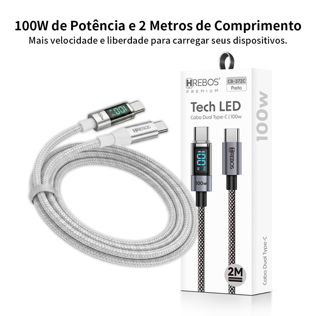 Cabo de carregamento rápido com Display Digital HREBOS Type-C 100W trançado 2m cabo de carregamento para Notebook e celu