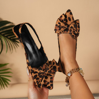 Sandálias Stiletto com estampa de leopardo e bico fino para mulheres com laço e salto alto