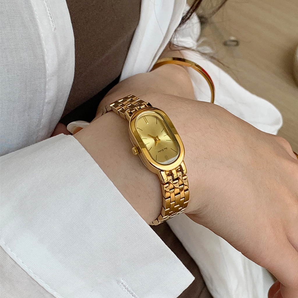 Elegante Minimalista Relógio Feminino Com Retro Oval Dial Tira De Aço Pequenos Relógios De Ouro Luxo À Prova Dwaterproof