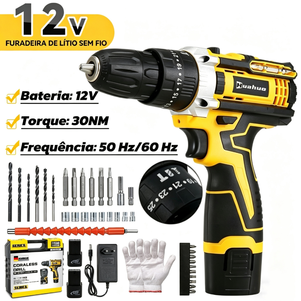 【110V/220V】Parafusadeira Furadeira 12V 2 Baterias Sem Fio Impacto Com Maleta Completo!!
