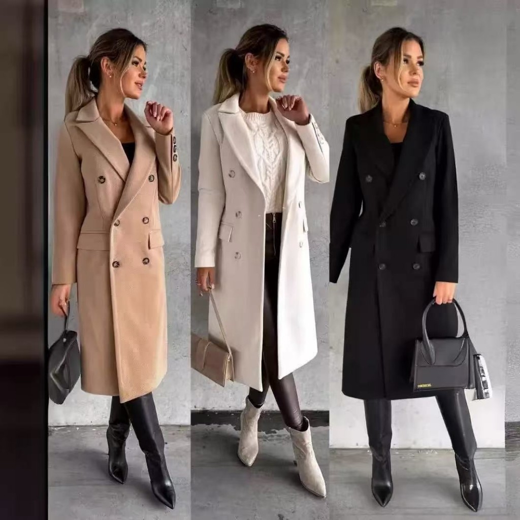 Casaco De Lã Feminino Lapela Casual Plus size Para Outono/Inverno Elegante De Cor Lisa Lon...