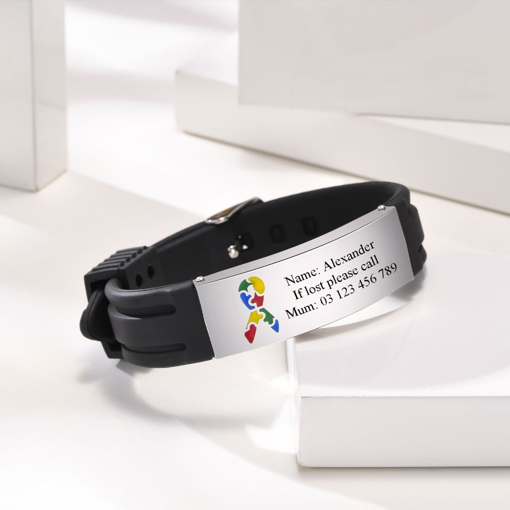 Pulseira de Autismo Vnox Personalizada para Homens Meninos, Pulseira de Silicone Grátis Emergência Aço Quebra-Cabeça — imagem 2 de 2