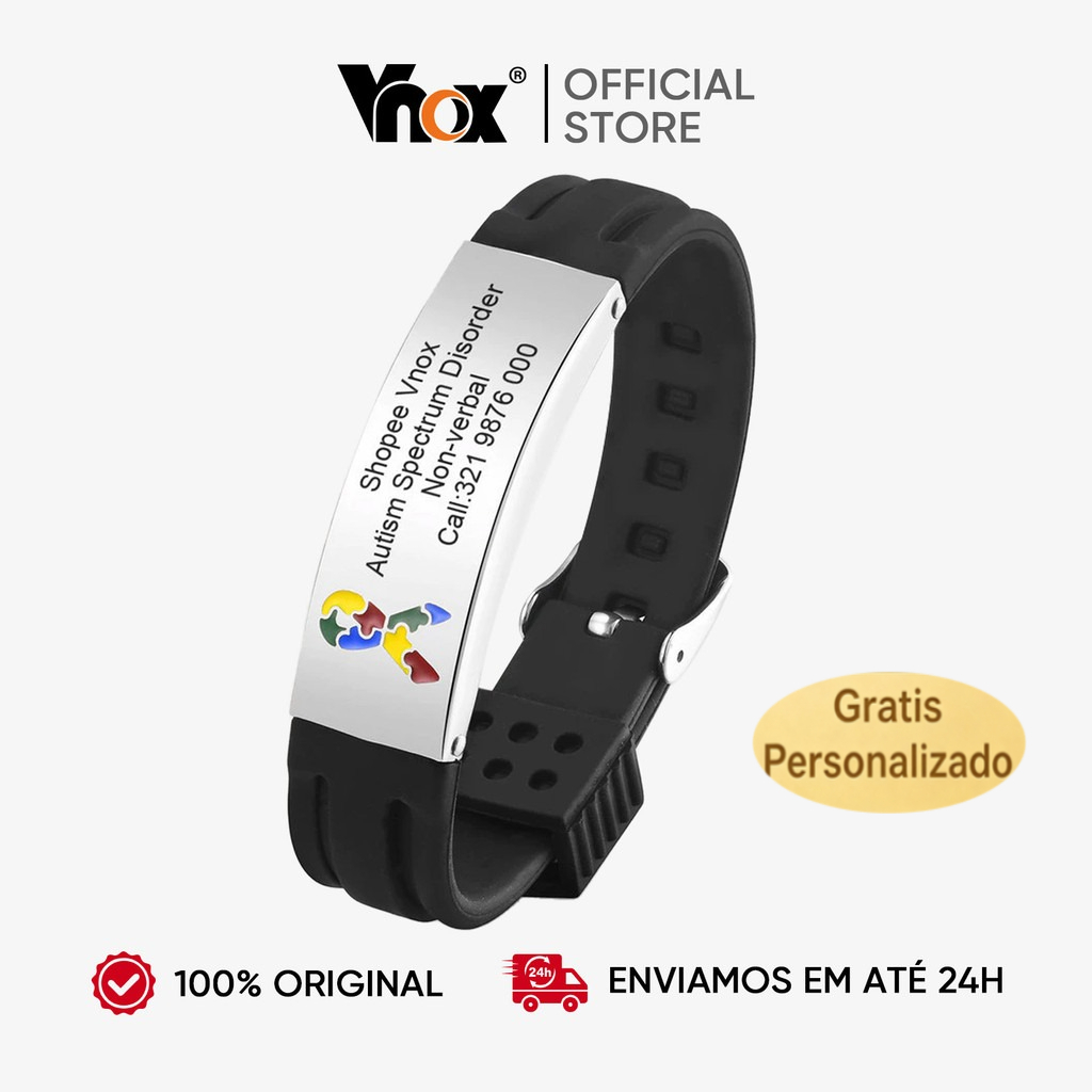 Vnox Pulseira Personalizada De Quebra-Cabeça Autismo Para Meninos,De Emergência Gravada Gratuita De Silicone Preto