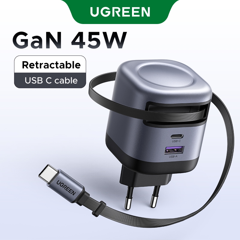 Carregador UGREEN Nexode 45W GaN Com Cabo USB C Retrátil De 75 Cm Carregamento R