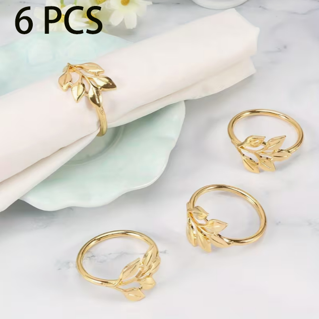 Kit 6 porta guardanapos - anéis de guardanapos de metal Folhas / ramos dourado