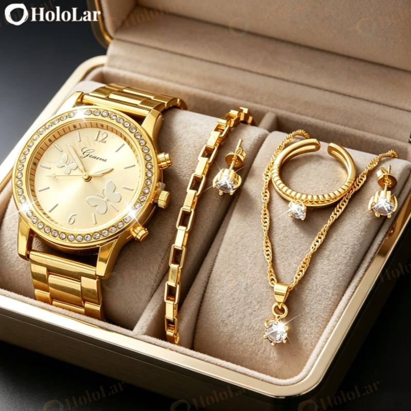 Conjunto 6PCS Relógio Mulher Moda Quartzo Borboleta Marca De Luxo Desenho Senhoras Pulseira De Aço Inoxidável HL