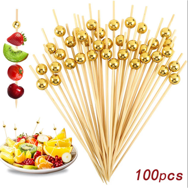 Kit 100 Palitos de Bambu para Petiscos 12cm com Ponta Decorativa Bola Dourada