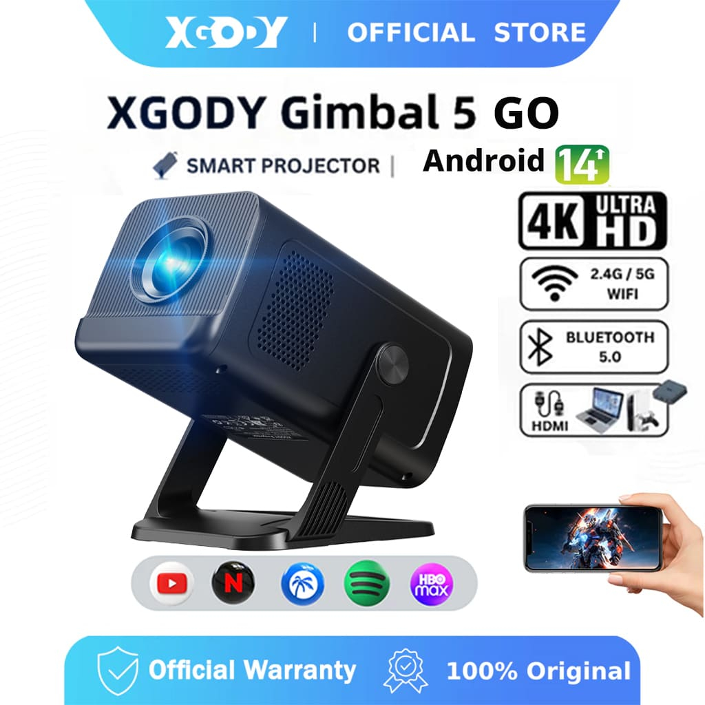 XGODY Gimbal 5 Go Projetor Portátil 1080P 4K HD Android 14 Smart TV Wifi Bluetooth Home Theater Ao Ar Livre
