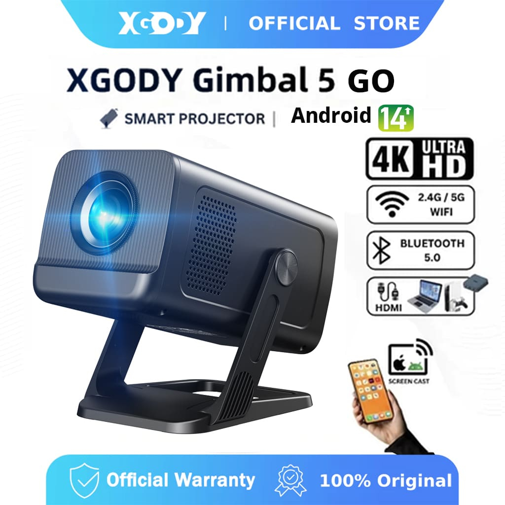 XGODY Gimbal 5 GO Projetor Portátil 300ASNI 4K HD Android 14 Projector Wifi6 BT5.4