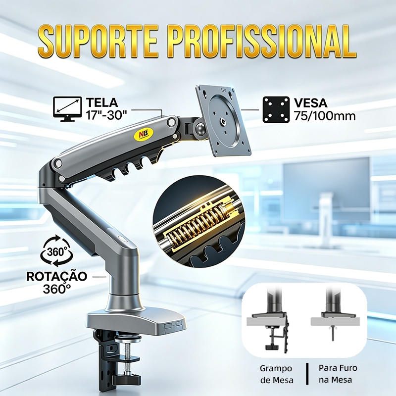 Braço Articulado com Pistão a Gás para Monitor 17 a 30 Polegadas, Suporte Ergonômico VESA Ajustável de Mesa