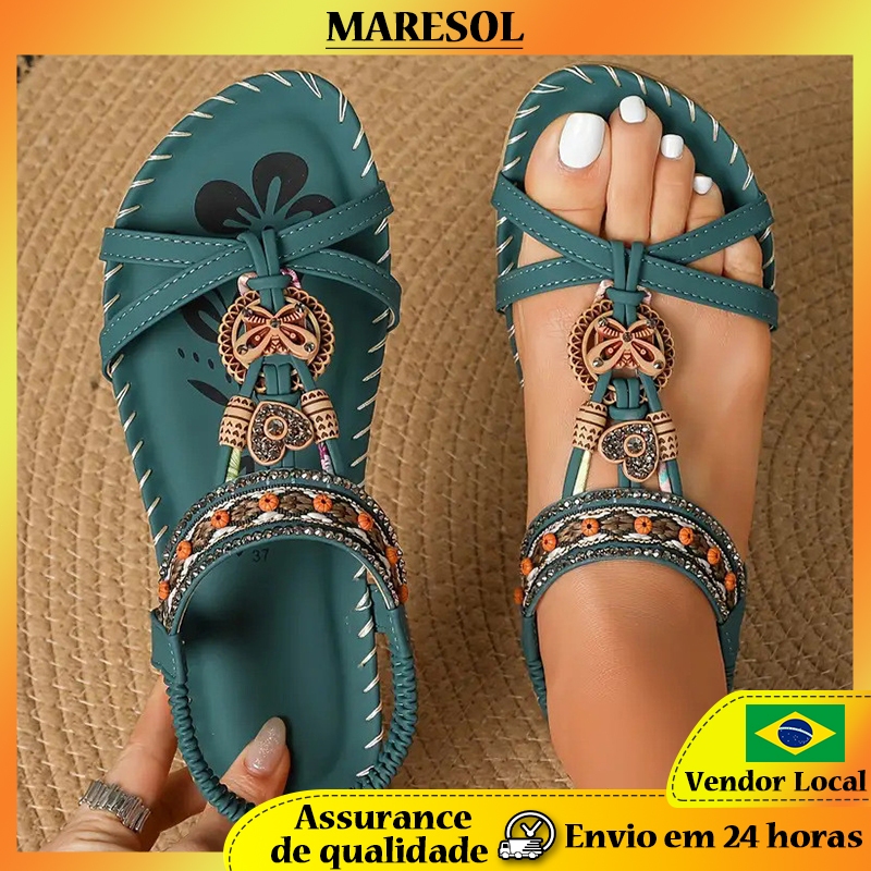 MARESOL Sapatos femininos boêmios planos feitos à mão com fivela de madeira e strass sandálias planas