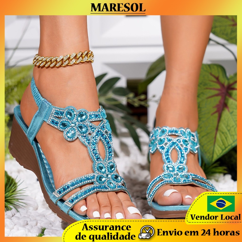 MARESOL Sandálias de cunha de sola grossa estilo boêmio strass simples sandálias casuais sapatos femininos