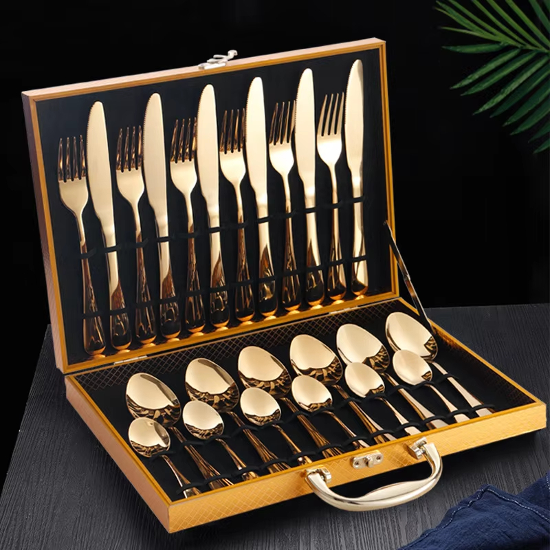 Jogo Talheres 24 Peças Faqueiro  Dourado Aço Inox Premium Luxo cozinha Com Maleta