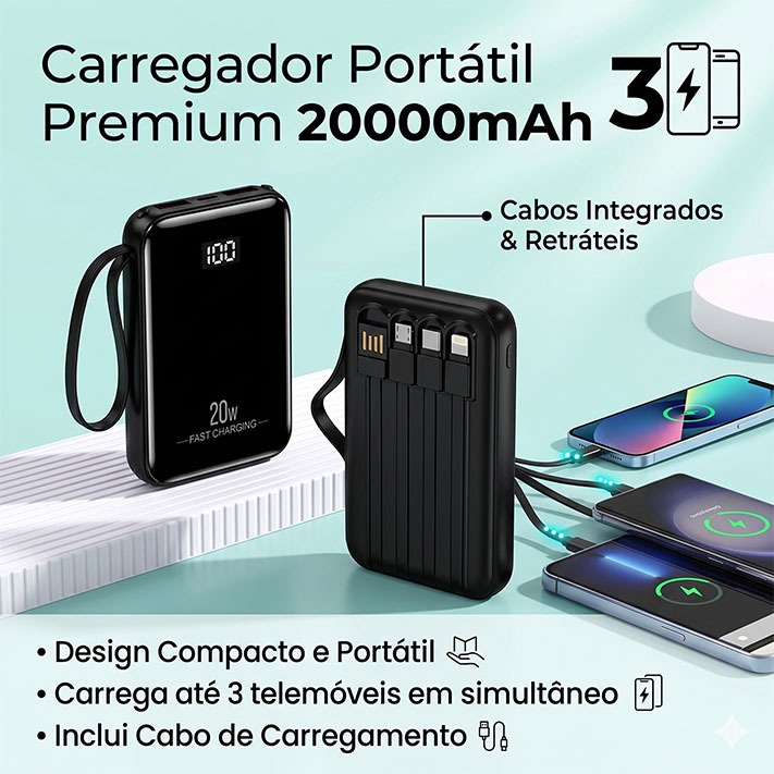 Mini Powerbank 20000mAh Carregamento Rápido 5 Saídas + 2 Entradas Portátil Embutido 3 Cabos Display LED Digital