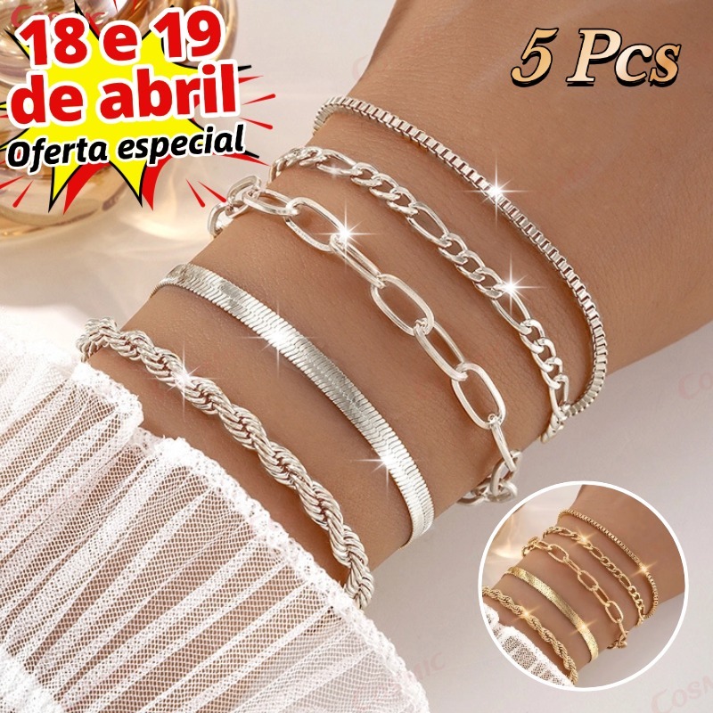5 Pulseiras De Aço Inoxidável Hipoalergênicas, Resistentes A Manchas E à Prova d'água em Oferta na Shopee