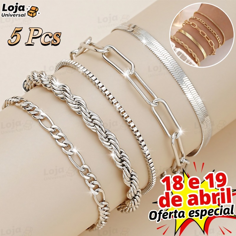 5pcs pulseiras em aço inoxidável hipoalergênico não escurece a prova d’água LU em Oferta na Shopee
