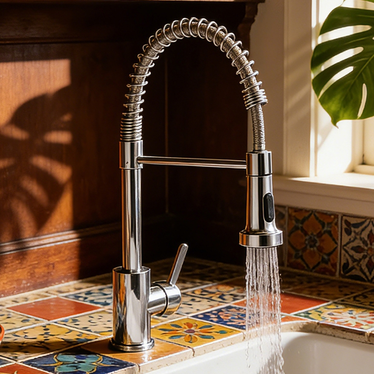 Torneira Cozinha Bancada Com Mola Retrátil Spray Pull Down Mistura Água Quente E Fria