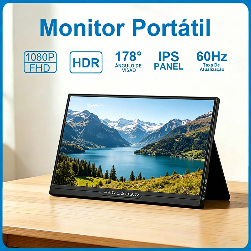 Monitor Portátil 15.6" 1920*1080p FHD IPS com USB-C Mini HDMI Plug and Play para Laptop, Celular, Console