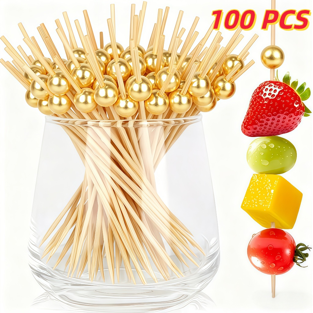 Kit 100 Palitos de Bambu Para Petisco Decorado Bolinha dourada 12cm