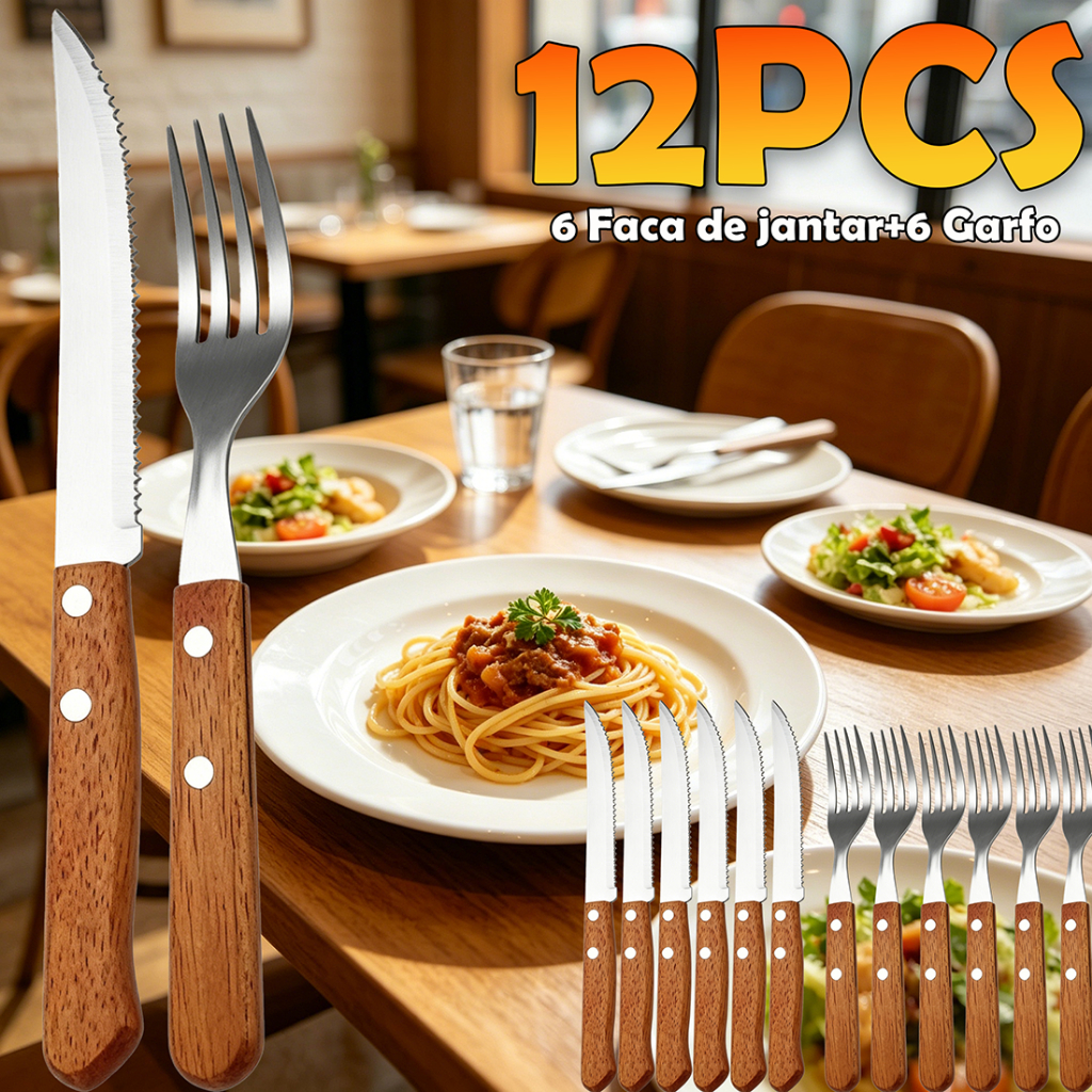 Jogo de Talheres Para Churrasco 12 Peças Jumbo Garfo Faca Aço Inox E Madeira