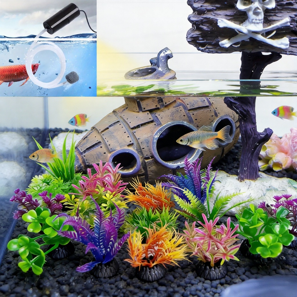 Kit Aquário: Submarino Decorativo +10 Plantas Artificiais+Bomba | Casa p/ Peixes Beta e Decoração Completa