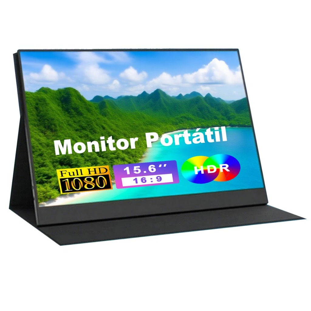 Monitor Portátil 15.6'' FHD 1080P Tela IPS Plug & Play via USB-C/HDMI para Notebook, PC, Celular e Consoles de Jogos