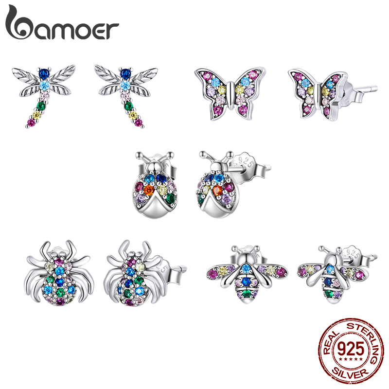 Bamoer 925 Prata Esterlina Brinco Parafuso Prisioneiro Colorido Inseto Moda Jóias Presentes Para Mulher Bse559