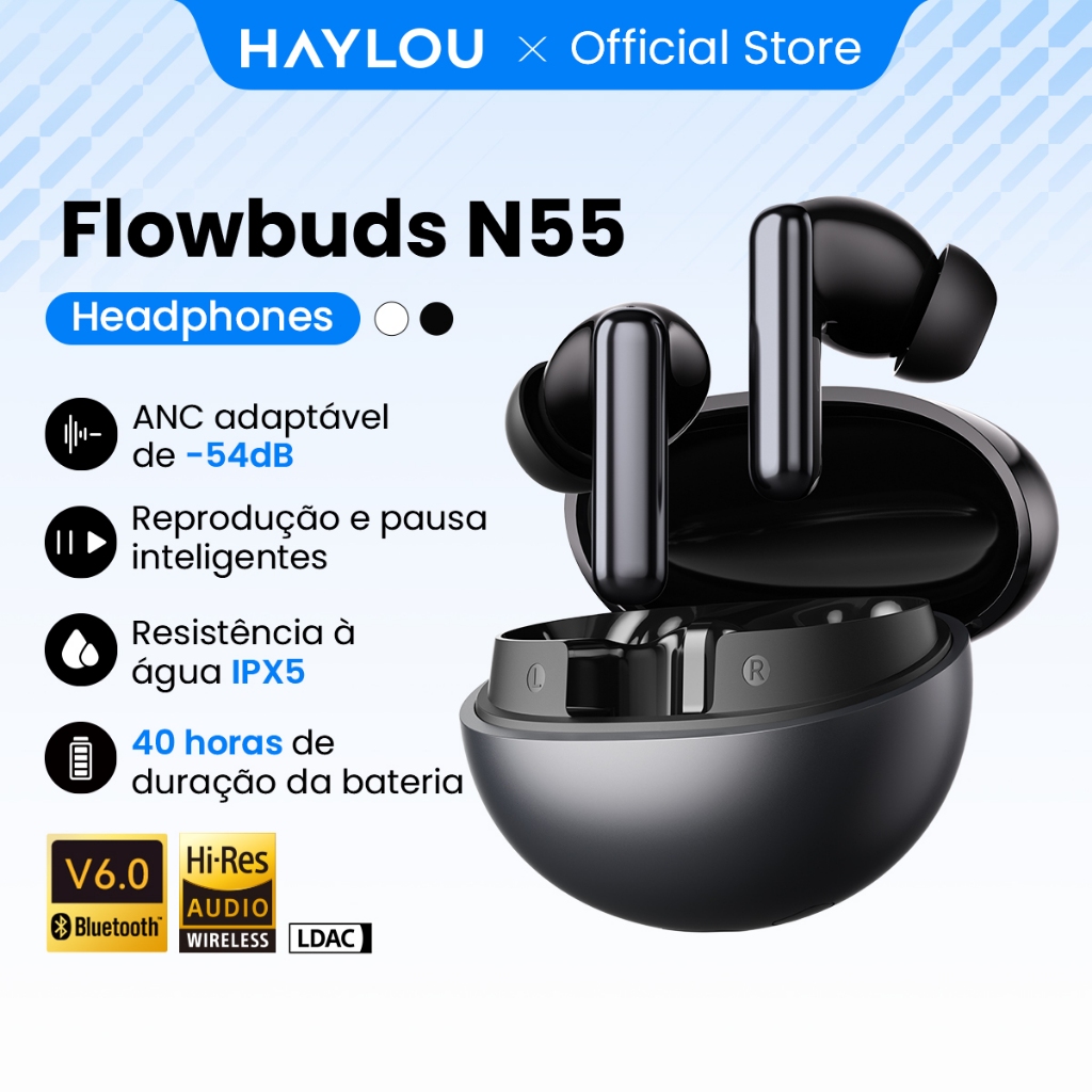 Fones De Ouvido Sem Fio HAYLOU Flowbuds N55 ANC , Bluetooth 6.0 , Modo De Transparência , Reprodução Contínua De 40 Hora em Oferta na Shopee