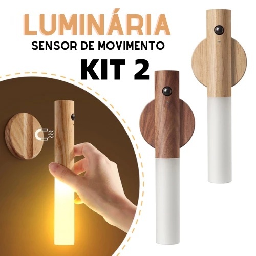 KIT 2 Luminaria Luz Led Recarregável Sensor de Movimento Arandela de Madeira Minimalista Para Mesa Parede