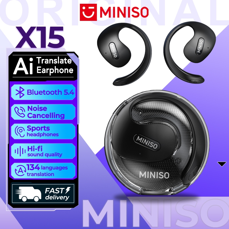 MINISO X15 PRO AI Em Tempo Real Tradução 135 Idiomas Fone De Ouvido Bluetooth 5.4 Fone Gancho De Orelha Sem Fio Microfon