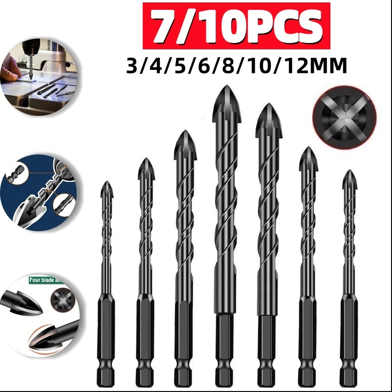 Kit 7/10 Brocas de carboneto Triangular Titânio Profissionais 3-12mm Para Fura Tudo