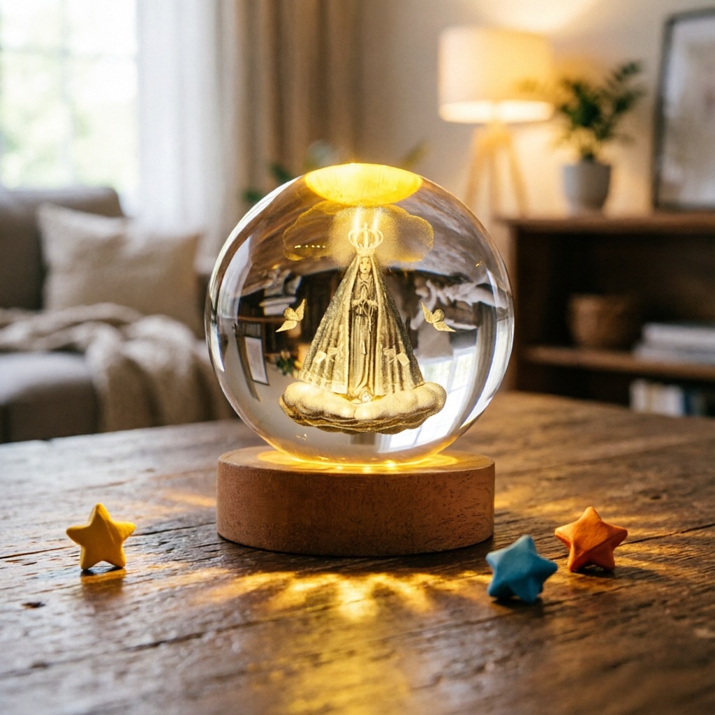 Luminária Mesa de Aparecida Bola Cristal 3d Base Madeira Decoração Católico Religioso