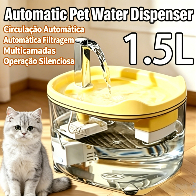 amarelo - Bebedouro Automático para Gatos e Cães: Circulação de Água com Filtro de 1,5 Litro e Base Segura