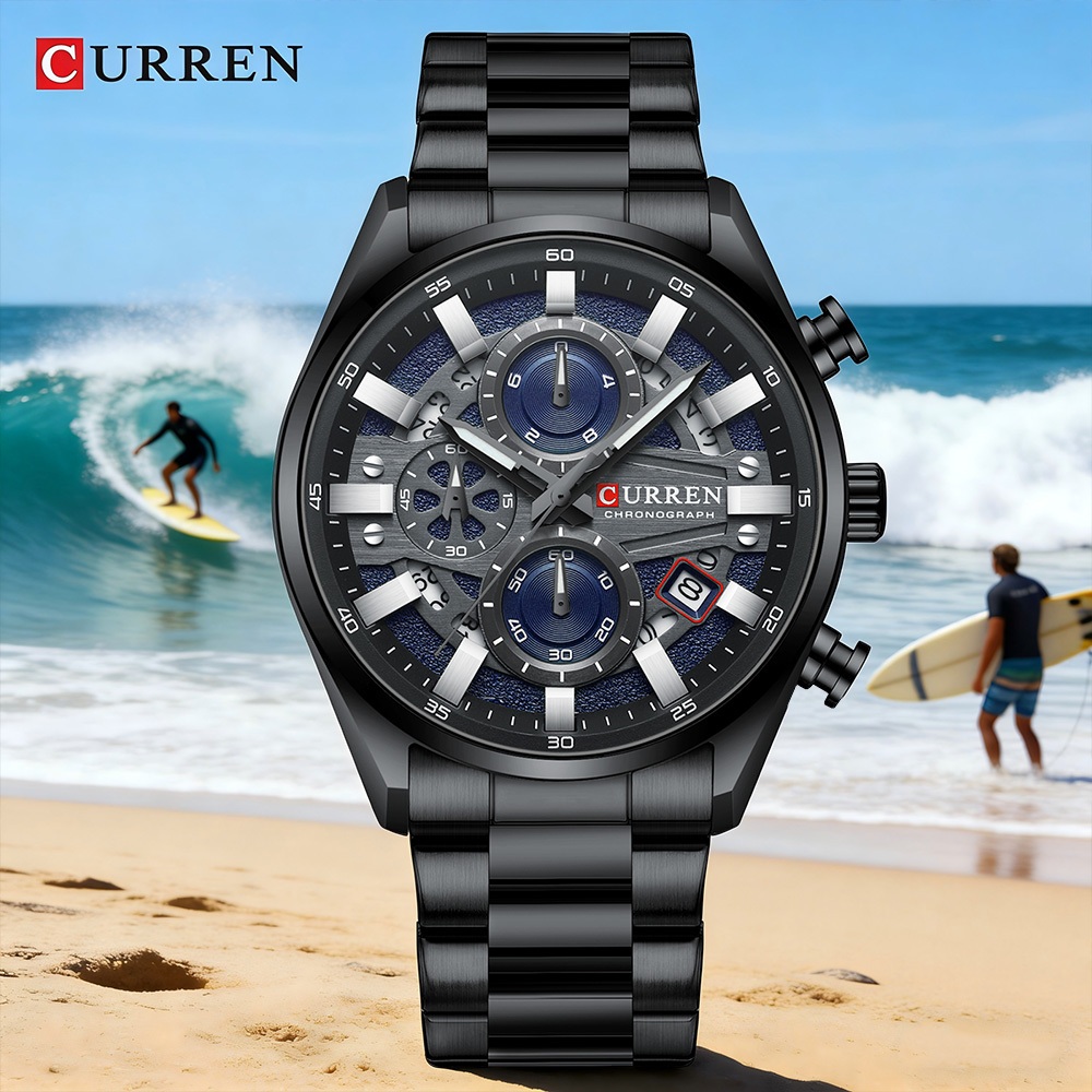 Novo Relógio Masculino CURREN Marca Genuína Preto Clássico Pulseira De Aço Inoxi