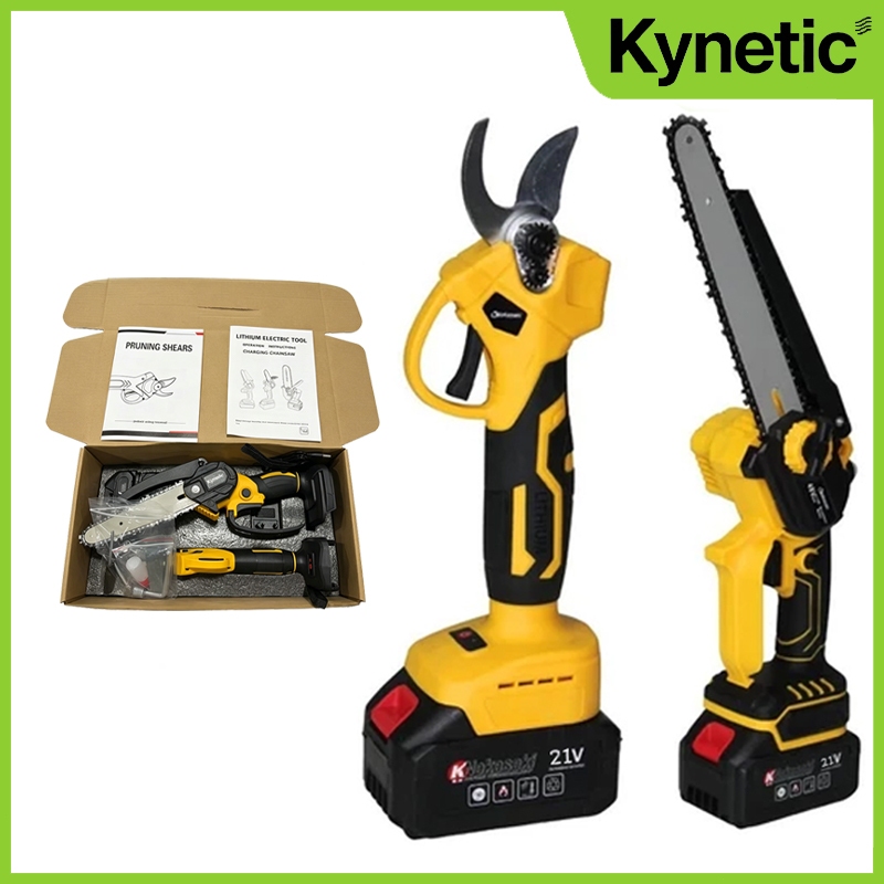 Kit De Motosserra Elétrica De 6 Polegadas Com Bateria + Tesoura De Poda Sem Fio 21v Completa