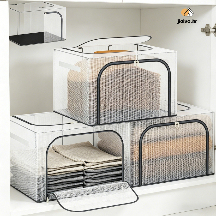 24L/66L/100L Caixa Organizadora Roupas Brinquedos Lençol Edredom Guarda Roupa Dobrável Visor Transparent