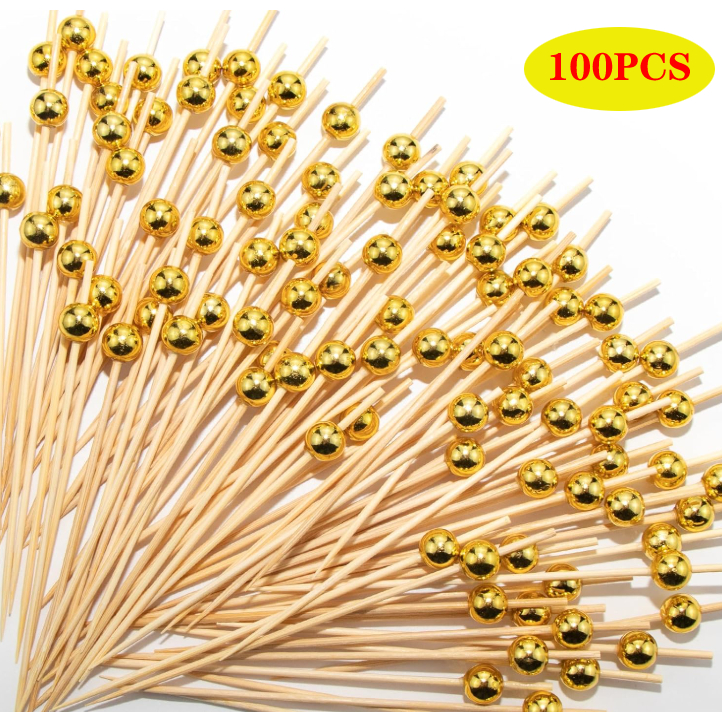 Kit 100 Palitos de Bambu Para Petisco Decorado Bolinha dourada 12cm